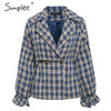 Simplee Elegant women plaid tweed jacket coat Lantern sleeve streetwear female outwear coat Elastic high waist ladies coat
