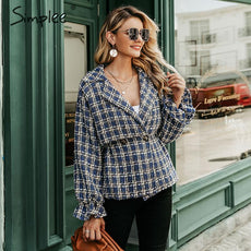Simplee Elegant women plaid tweed jacket coat Lantern sleeve streetwear female outwear coat Elastic high waist ladies coat